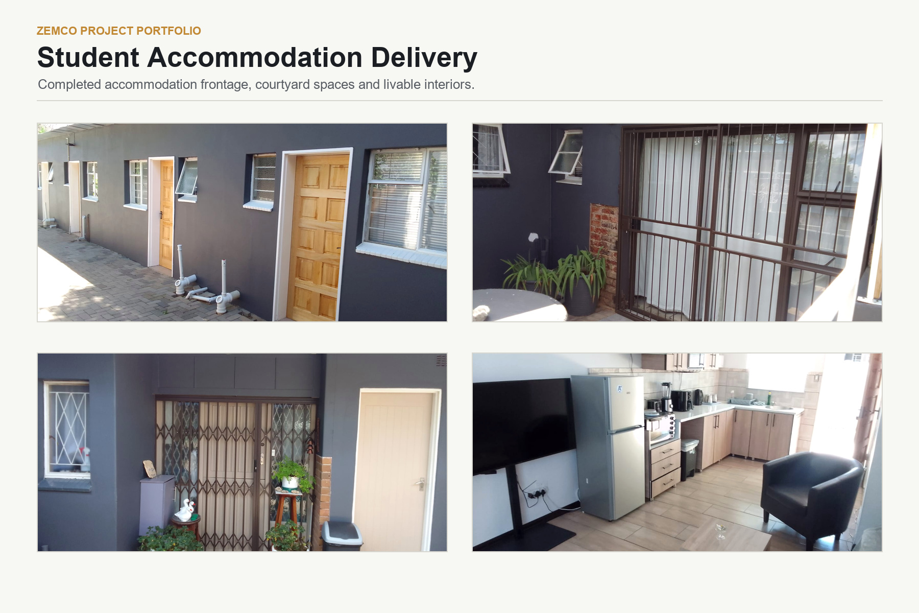 Zemco student accommodation delivery portfolio collage in Universitas, Bloemfontein