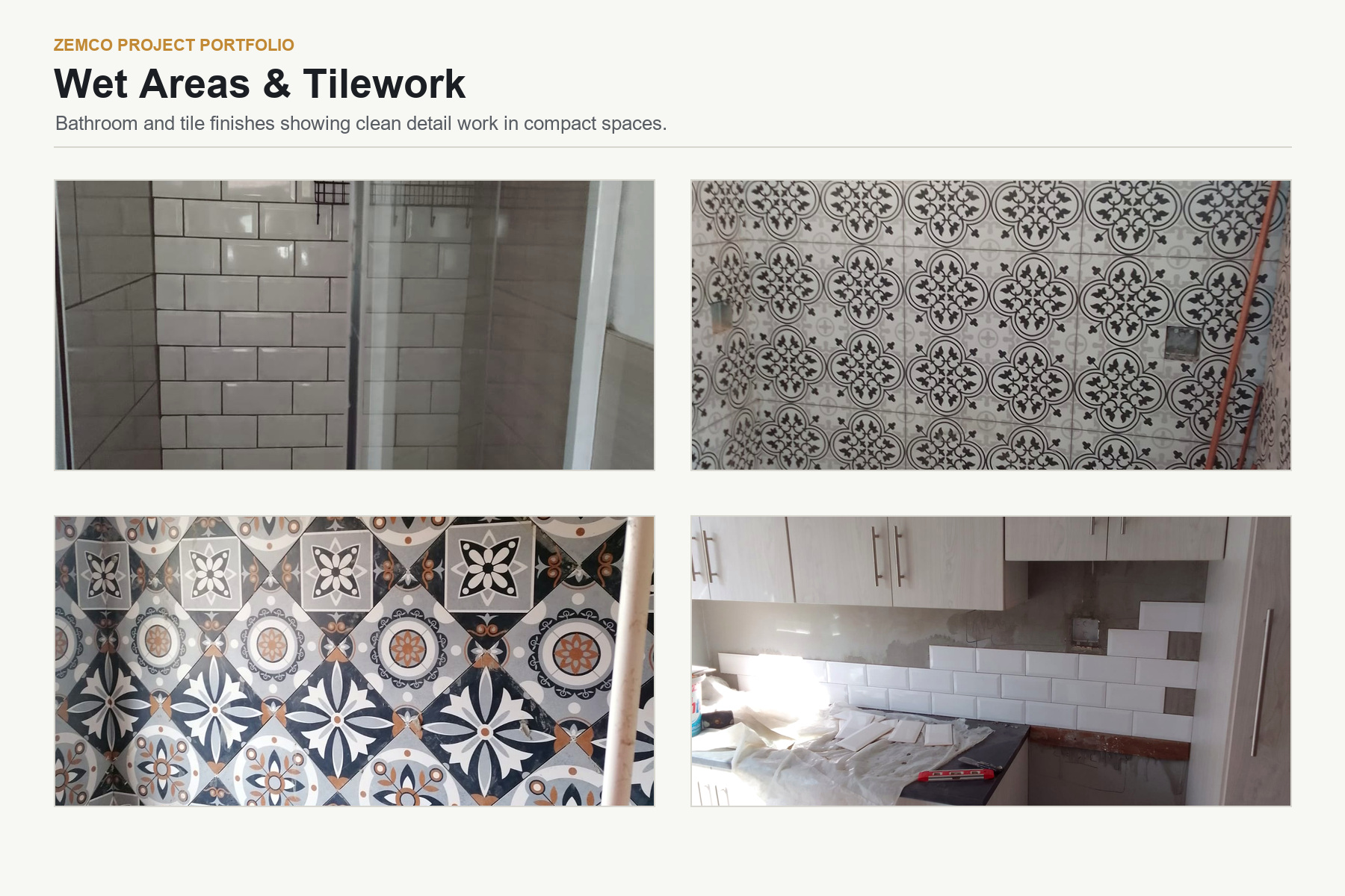 Wet areas and tilework collage for Zemco student accommodation project