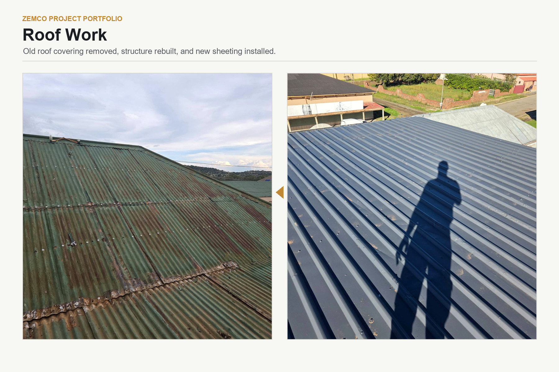 Roof before and after collage for Zemco Winburg commercial renovation