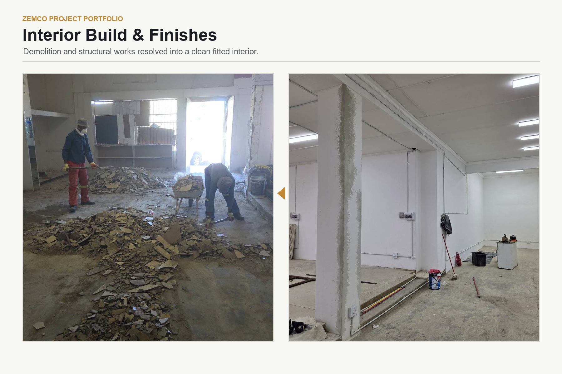 Interior before and after collage for Zemco Winburg commercial renovation