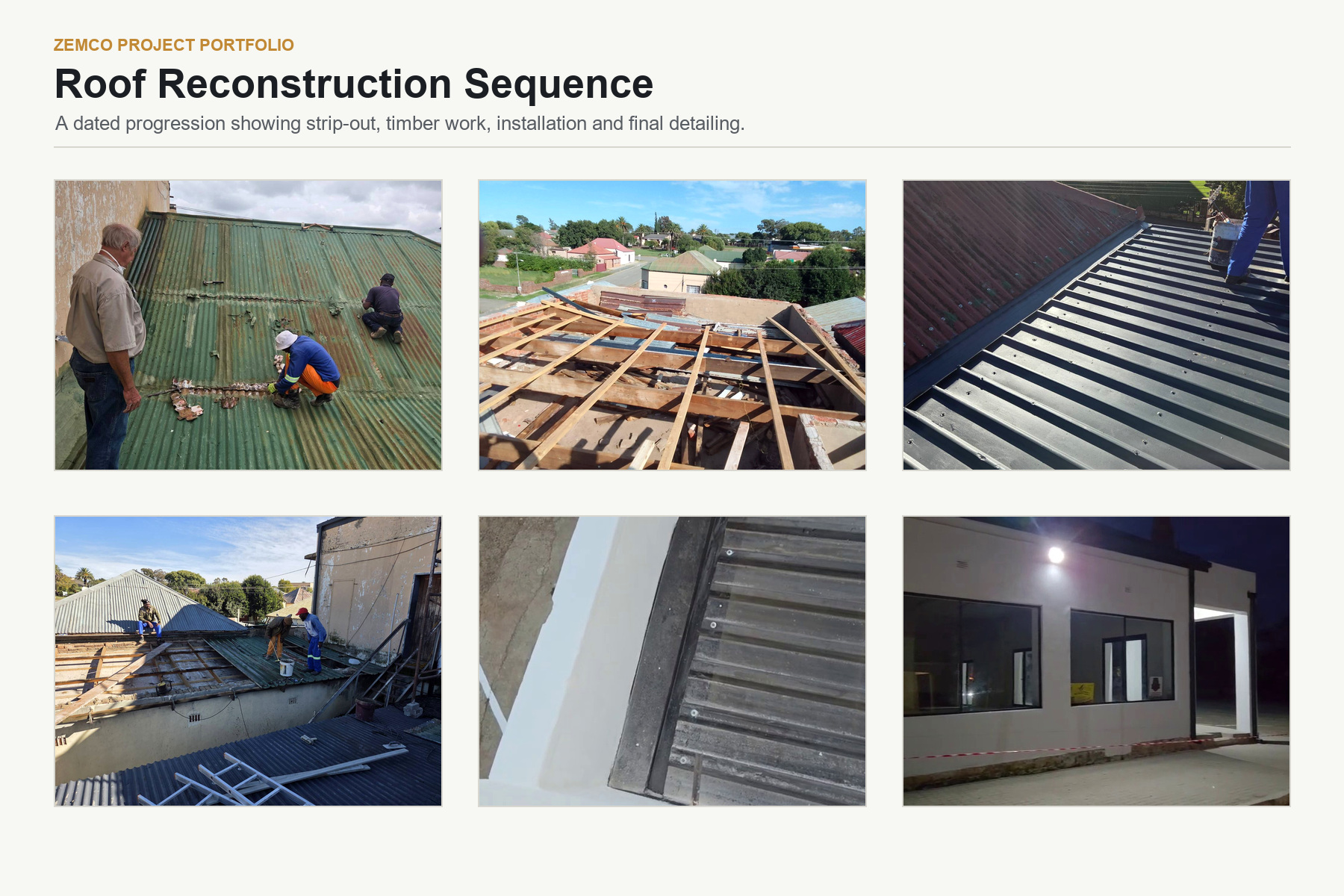 Roof reconstruction sequence collage for Zemco Winburg commercial renovation