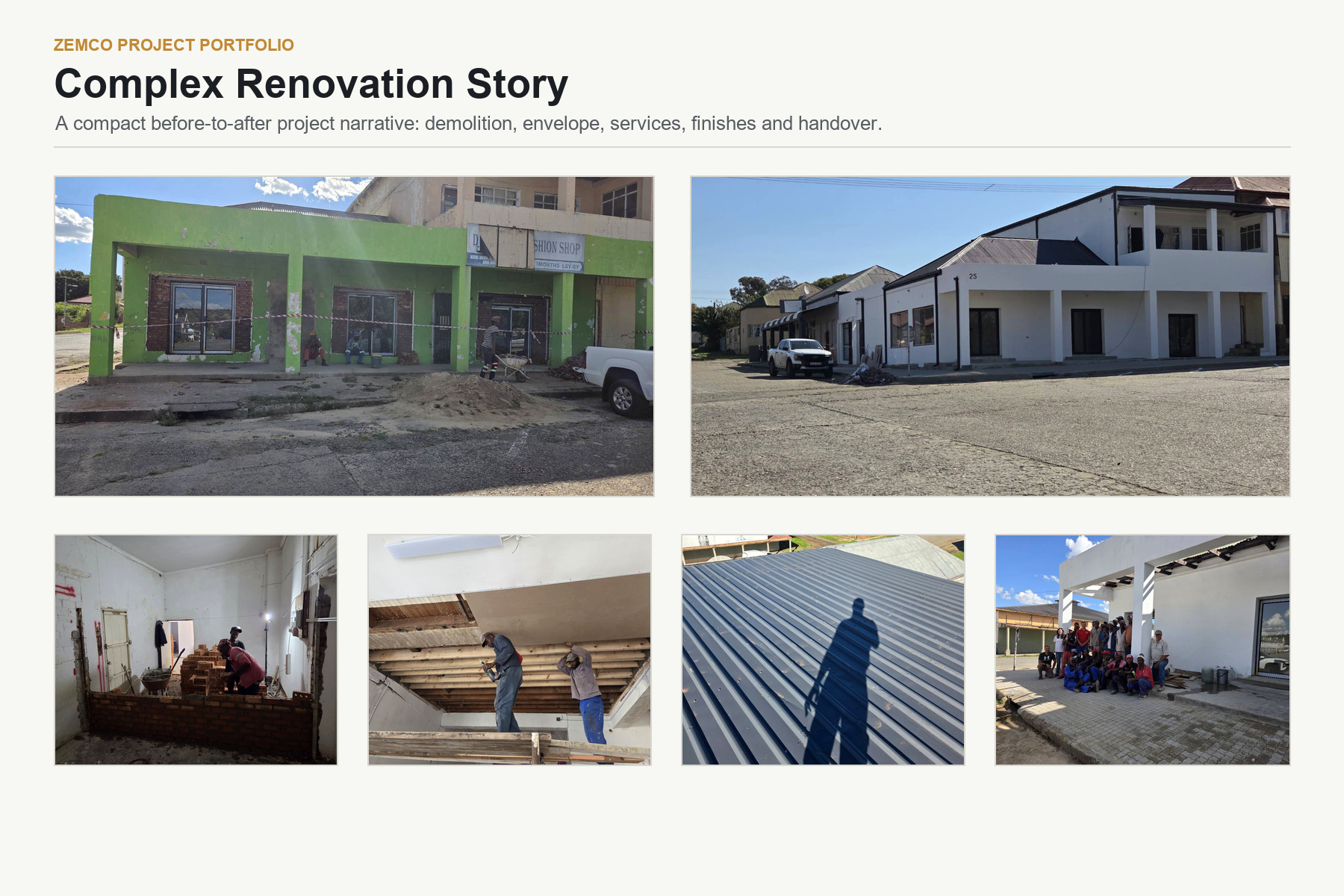 Complex renovation story collage for Zemco commercial property project in Winburg