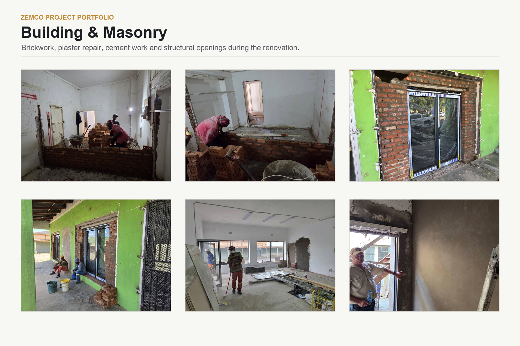 Building and masonry collage for Zemco Winburg commercial renovation