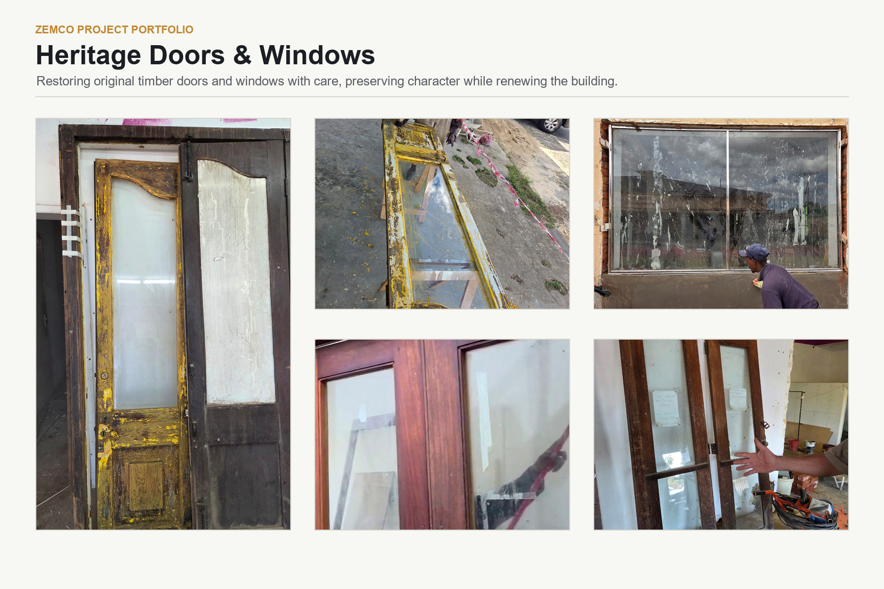 Heritage doors and windows restoration collage for Zemco Winburg commercial renovation